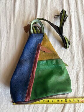 NWOT Genuine Leather Patchwork Convertible Sling Backpack Multicolor + Dust Bag